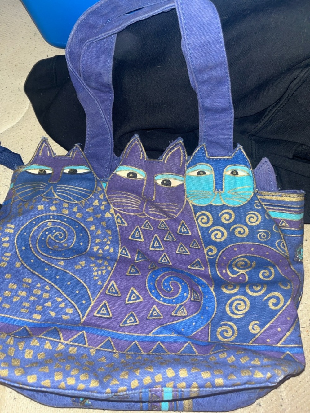 Colorful Cat Print Canvas Tote - Purple & Blue